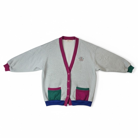 Vintage Sweaters - Vintage Colorblock Sweatshirt Cardigan Womens Gray Pink Green Blue Button Front